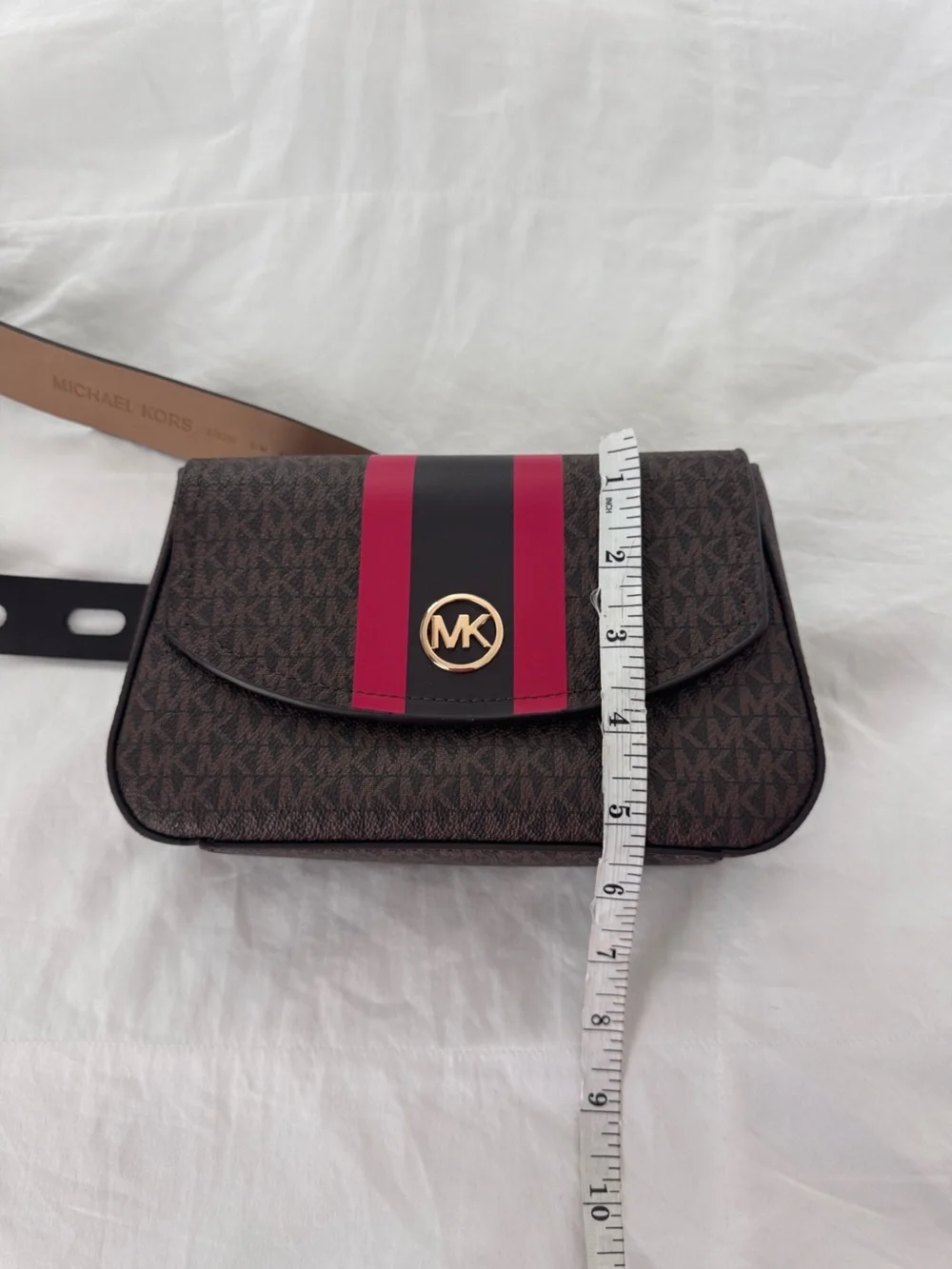 Michael Kors Brown Crossbody Belt Bag with Red and Black Stripe